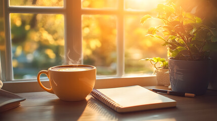 Cozy and inviting workspace with a steaming mug of coffee a notebook and pen on the table complemented by a potted plant and warm morning sunlight streaming through the window