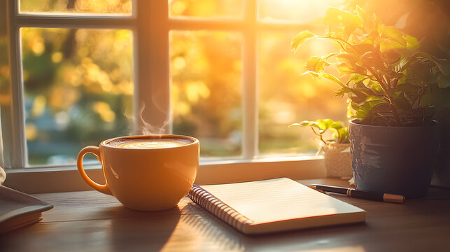 Cozy and inviting workspace with a steaming mug of coffee a notebook and pen on the table complemented by a potted plant and warm morning sunlight streaming through the window