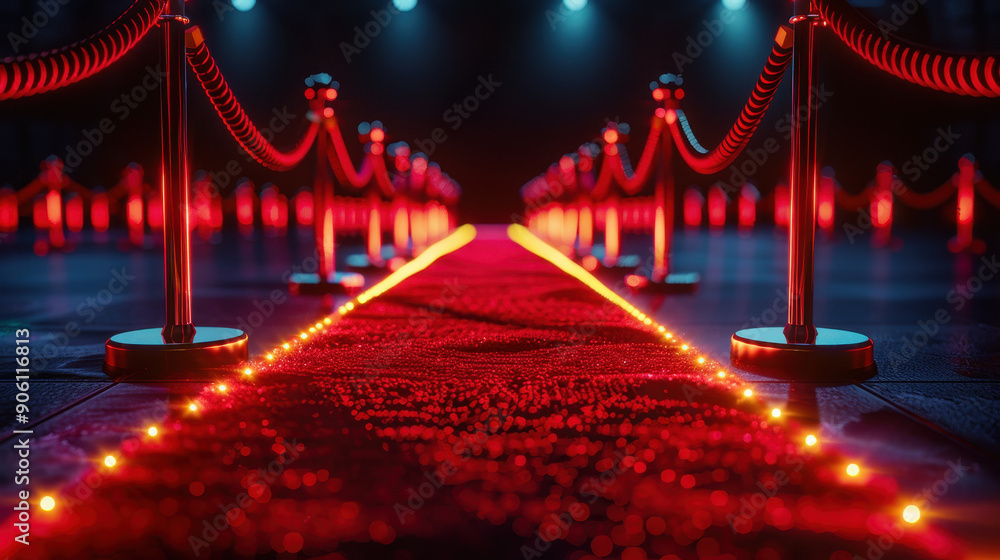 Poster a red carpet with a red background and a red lighted border