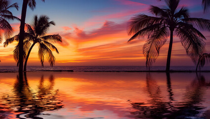 Silhouette coconut palm tree on the beach at beautiful sunset.