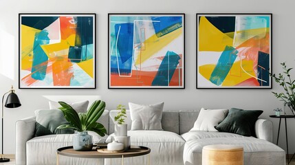 Three Abstract Paintings Hung Above a Modern Sofa