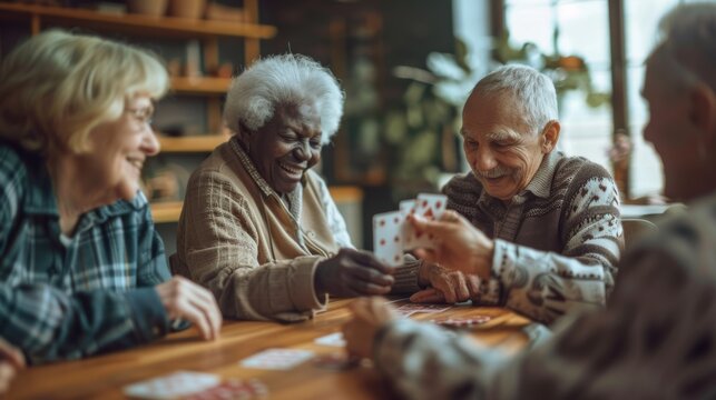 A group of seniors playing a leisurely game of cards at a retirement community, enjoying social interaction