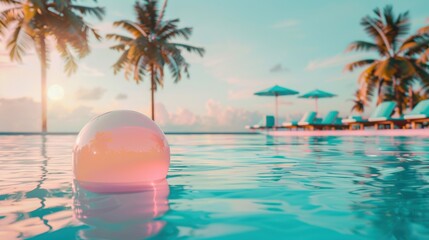 Beach ball in pastel hues floating in a calm pool, with a background of silhouetted palm trees and soft blue loungers, creating a tranquil tropical scene