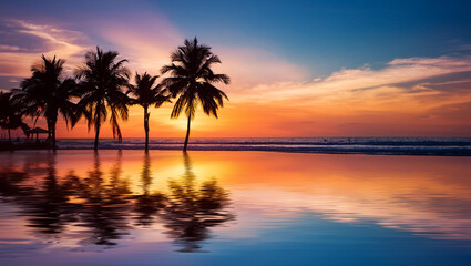 Silhouette coconut palm tree on the beach at beautiful sunset.