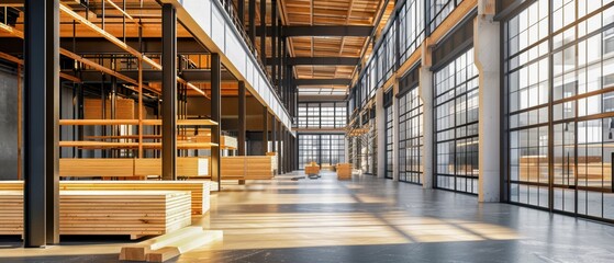 Fototapeta premium Neatly stacked wooden planks illuminated by natural light in a modern warehouse with large glass windows, showcasing the harmony of wood and steel