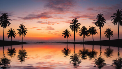 Obraz premium Silhouette coconut palm tree on the beach at beautiful sunset.