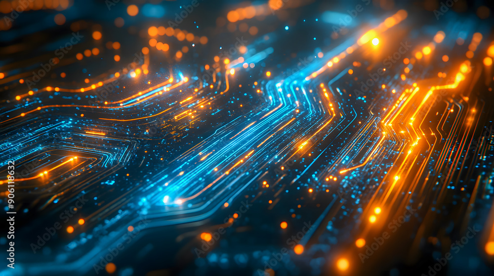 Poster dynamic and vibrant futuristic abstract background with glowing light rays electric circuits and a s