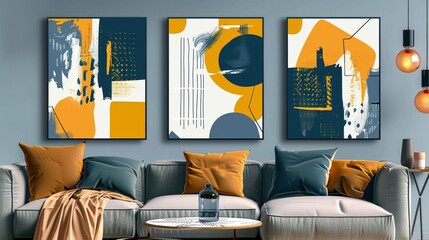 Abstract Art Paintings Above a Sofa with Yellow and Blue Pillows