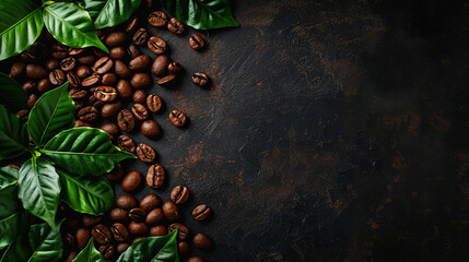 Obraz premium Coffee beans and green leaves on a dark background. Coffee background. Copy space area for text. Top view