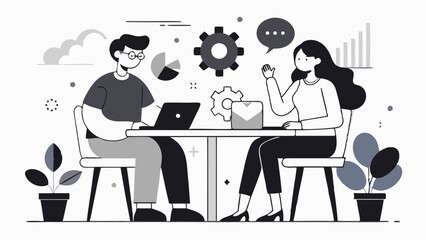  Two people sitting at a table and having a discussion about their profitable business, silhouette black vector illustration