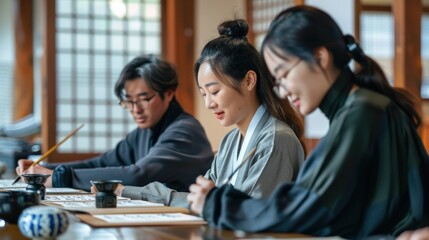 A Korean calligraphy class with students practicing their brush strokes under the guidance of a skilled instructor