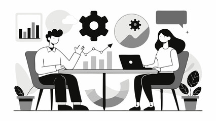  Two people sitting at a table and having a discussion about their profitable business, silhouette black vector illustration