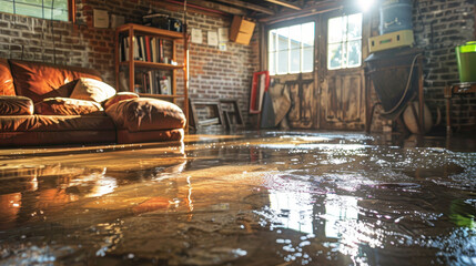 A flooded basement with a staircase leading up to the second floor. The water is murky and the floor is wet