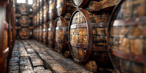 Vintage Wooden Whisky Barrels Stacked in a Warehouse, Evoking the Rich History and Tradition of Scottish Distilleries, Ideal for Aged Spirits and Craft Beverage Enthusiasts