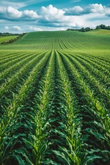 Lush green cornfield under a bright blue sky with puffy clouds