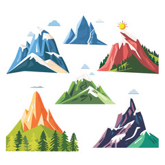 Collection five different mountain landscapes, colorful stylized, mountain scene features unique shapes color palettes, lush greenery snowcapped peaks. Vibrant vector illustration mountains suitable