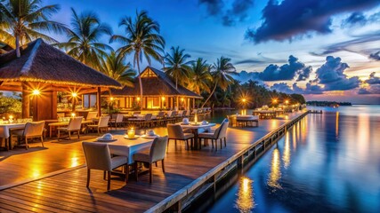 Fototapeta premium Exterior view of water restaurant in the evening with night lights, no people, nobody. Luxury romantic island dinner food drink cafe, tropical paradise coast, dining, holiday vacation tourism