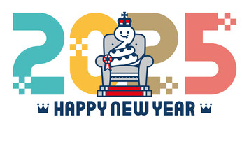 2025年　令和7年　巳年　かわいい白へびの、ポップでシンプルな年賀状テンプレート　横