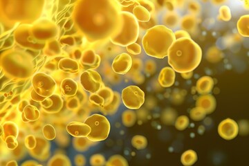 Microscopic View of Yellow Biological Cells in a Swirling Golden Atmosphere