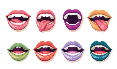 Colorful mouths different expressions, perfect dental oral care designs. Diverse colors positions create variety expressions. Cartoon style mouths showcase teeth, vibrant