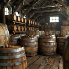 Vintage Wooden Whisky Barrels Stacked in a Warehouse, Evoking the Rich History and Tradition of Scottish Distilleries, Ideal for Aged Spirits and Craft Beverage Enthusiasts