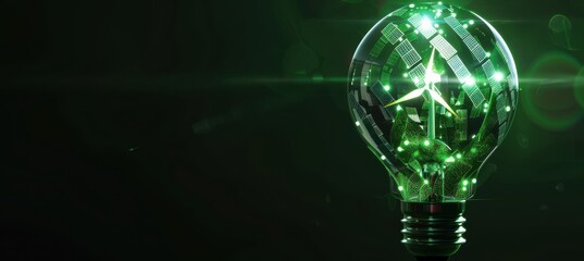 Holographic solar and wind energy in a light bulb on a blurry background