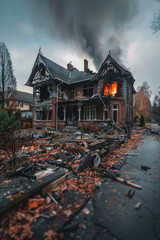 Obraz premium A burned down house sits in a field with a few trees in the background. The house is surrounded by rubble and debris, and the sky is cloudy. The scene is desolate and sad, with a sense of loss