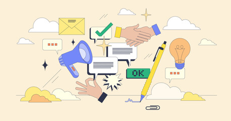 Communication and soft skills for effective conversation tiny person neubrutalism concept. Talk, write and communicate with confidence and efficiency for business deal success vector illustration.