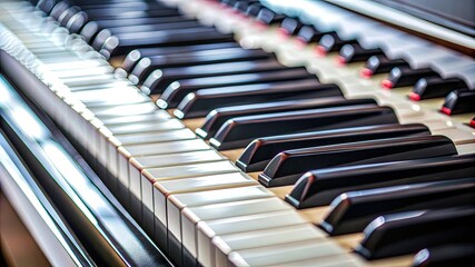 Extreme Closeup of black and white piano musical instrument keyboard keys. Classical melody sound concert performance entertainment, pianist musician synthesizer equipment 