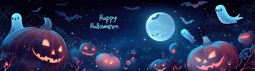Naklejka premium Happy Halloween banner or party invitation background with clouds, bats and pumpkins. Vector illustration. sky, spiders web.illustration.