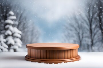 Round wooden product display podium winter snow view from window background, AI Generated