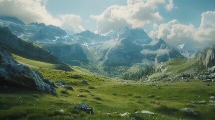 Obraz premium valley with towering mountain landscape background,generative ai