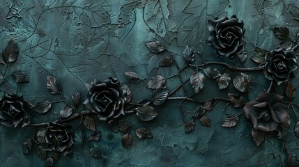 Black Roses and Leaves on a Dark Green Textured Background