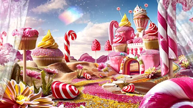 Candy land with a giant cupcake castle. Seamless looping time lapse 4k video animation background