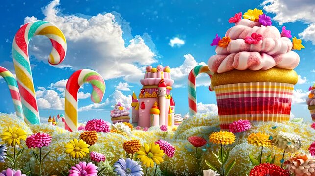 A whimsical candy land with a giant cupcake, candy canes, and a castle made of cake. Seamless loop video background