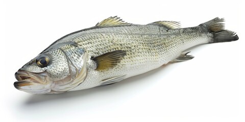 Naklejka premium Fresh Whole Sea Bass Isolated on White Background, Perfect for Culinary, Healthy Eating, and Seafood Lovers, Highlighting Sustainable Fishing Practices