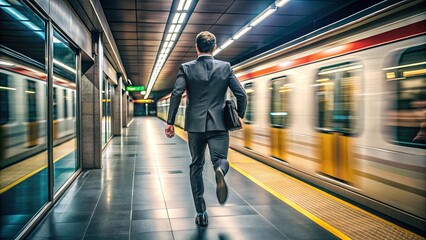Rear back view of businessman in a suit running in an underground subway metro train station. Worker in a hurry, late for public transportation or travel to a work or job, employee in a rush, commuter