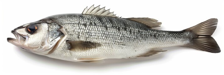 Obraz premium Fresh Whole Sea Bass Isolated on White Background, Perfect for Culinary, Healthy Eating, and Seafood Lovers, Highlighting Sustainable Fishing Practices