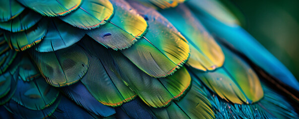 Obraz premium Close-up of the vibrant green and blue plumage patterns on peacock feathers, showcasing intricate feather textures and colors
