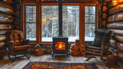 A cozy cabin with a wood stove and a rug in front of it. The room is filled with warmth and comfort