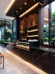 elegant coffee bar emphasizes organic lattes and features a modern interior with a sophisticated ambiance.