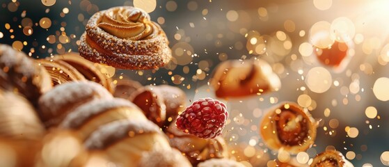 A dreamlike bakery with floating pastries and sunlight filtering through sparkling fairy dust