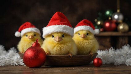 Three fluffy yellow chicks wearing Santa hats, sitting on a bed of brown straw.