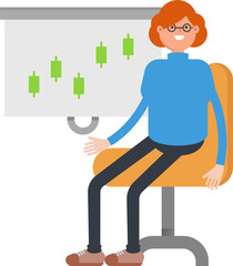 Woman Character Presenting Candlestick Chart
