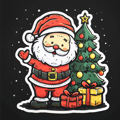 Naklejka premium Santa Claus with Christmas Tree and Gifts