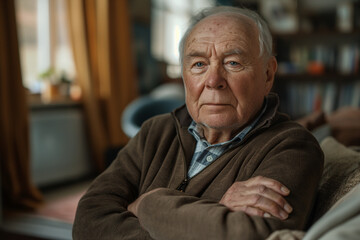 Portrait of a Caucasian senior elderly man sits on sofa, cross his arm.