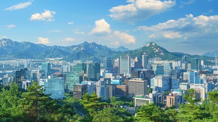 Fototapeta premium A scenic view of Seoul's cityscape with modern skyscrapers, historic palaces, and mountains in the background