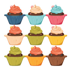 Colorful cupcakes arranged triangular pattern, topped vibrant frosting, displayed against isolated white background. Cartoon style bakery items, featuring red, green, blue, brown cupcake liners