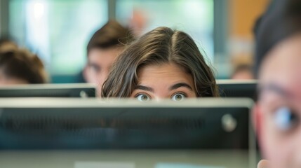 Cheating in Classroom - Person Secretly Looking at Computer Screen During Test with Unaware Teacher in Background