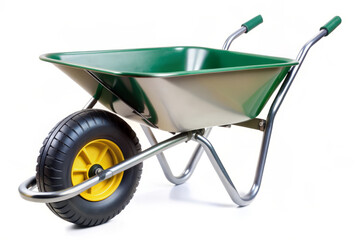 Green Wheelbarrow Isolated on White Background.